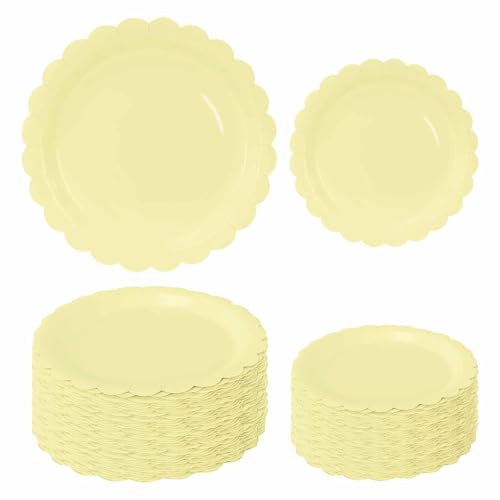 FALIZIFU 50 Pcs Yellow Scalloped Paper Plates 25 7 and 25 9 Disposable Yellow Scalloped Dinner Plates for Wedding Baby Shower Birthday Party Disposable Dessert Plate