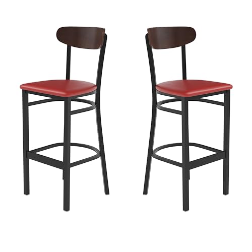 Image of Flash Furniture Wright Set of 2 Commercial Barstools - Walnut Wood Boomerang Back - Red Vinyl Seat - 500 LB. Capacity Black Steel Frame - Integrated Footrest