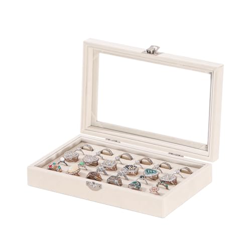 Caja organizadora de anillos con 30 ranuras para joyas, anillos, gemelos, caja de almacenamiento, pequeño joyero para viajes, bonitos regalos para niñas, beige (beige)