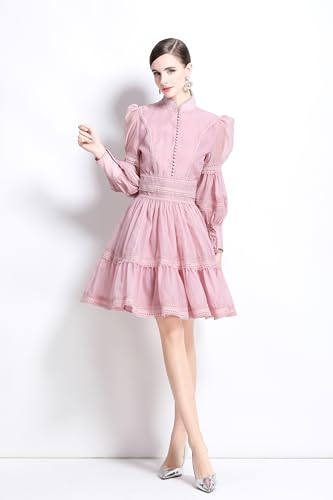 LAI MENG FIVE CATS Women's Puff Sleeves High Collar Hollow Mesh Pleat Layered Hem Solid Color Mini Dress2