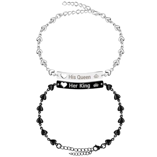 Image of 2 Couple Bracelets for men women, Love /Koi Fish /Gossip Jigsaw Puzzle Stainless Steel Heart-shaped Chain Adjustable Bracelet for Boyfriend Girlfriend Valentine's Day Gift Jewelry