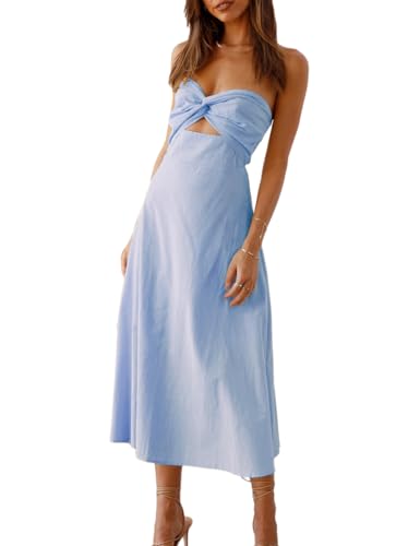 Amazon.com: Fiemaoves Sexy Twist Front Strapless Sweetheart Neckline Midi  Dresses for Women Smocked Cutout Tube Top Linen Dress Wedding Guest Blue :  Clothing, Shoes & Jewelry