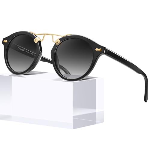 Image of CARFIA Small Face Acetate Polarized Sunglasses for Women UV Protection, Retro Double Bridge Eyewears Metal Brow Round Sunnies