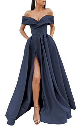 Reviews y listado de Vestido tiroles Top diez. 37 Vestido de noche formal con hombros descubiertos para mujer, línea A, con abertura lateral, cóctel, vestido de fiesta de satén, maxi vestido de graduación con bolsillos, Azul...