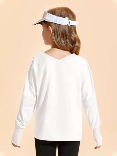 Image of Haloumoning Girls Oversized Long Sleeve T Shirts Kids Casual V Neck Cute Tops Basic Tees with Thumb Holes 4-14Y