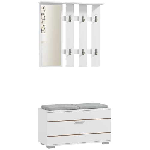 HOMCOM Set 4 in 1 Mobili da Ingresso con Appendiabiti, Specchio, Panca con Cuscini e Scarpiera per 8 Paia di Scarpe, Bianco