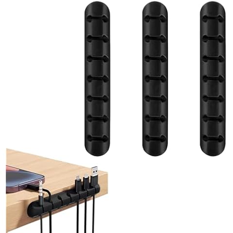 WUGAUWOR Silicone Cable Clips， 3 Pcs Self Adhesive Cord Holder, 7 Slots Cord Organizer Cord Management Cable Organizer USB Charging Cable Holder for Desk Car Home and Office, Black Cover