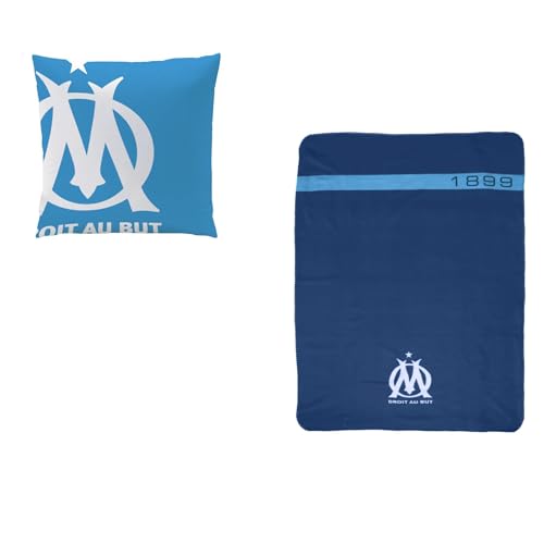 OMYDREAM Ensemble Plaid et Coussin Om Supporters | 100% Polyester | Oeko-Tex | Plaid 110x140 + Coussin 40x40cm | Imprimé Sport | Bleu