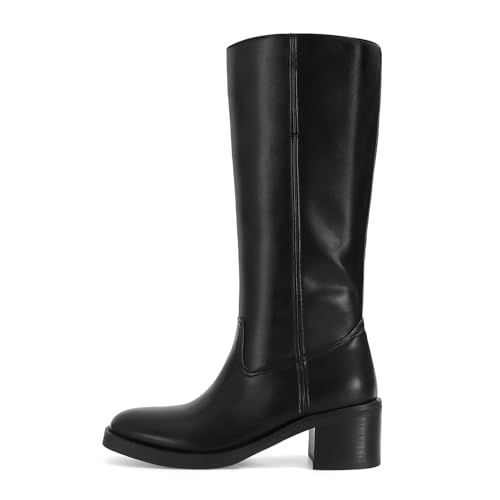 Image of DOEYG Women's Banana Knee High Boots Square Toe Chunky Block Heel Tall Boots Wide Calf Fashion Comfortable Casual Pull on Long Boots