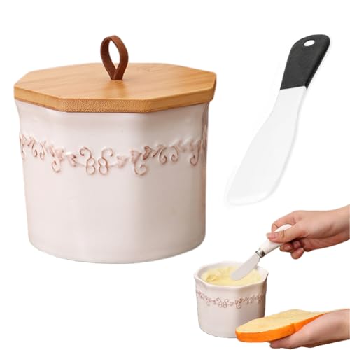 Mantequillera de cerámica con cierre de bambú, mantequera francesa blanca de 300 g, de porcelana con cuchillo de cerámica, para mantequilla fresca y untable, accesorio ideal para tu cocina