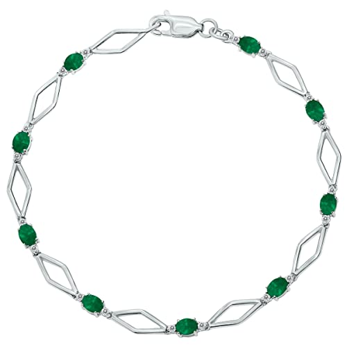 Emerald And Natural Diamond Star Link Bracelet In .925 Sterling Silver #TOP1
