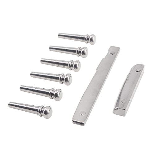 Muzcym 6Pcs Zinc Alloy Bridge Pins & Bridge Nut Saddle Set For Folk Acoustic Guitar (Silver) #TOP2