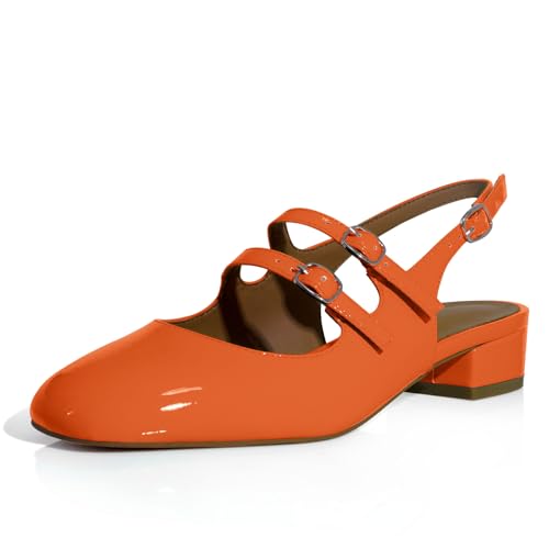 anteikira Women's Round Toe Slingback Flats Closed Toe Double Strap Mary Jane Flats for Women 1 Inch Heel Dress Shoes Low Heel Causal Work Office Pumps for Women Orange Size 8.5