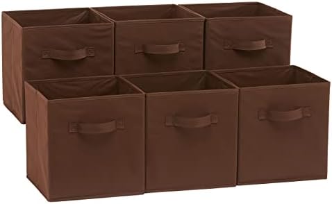Amazon Basics Collapsible Fabric Storage Cube/Organiser with Handles, 26.6 x 26.6 x 27.9, White/Grey Stripe (Pack of 6)