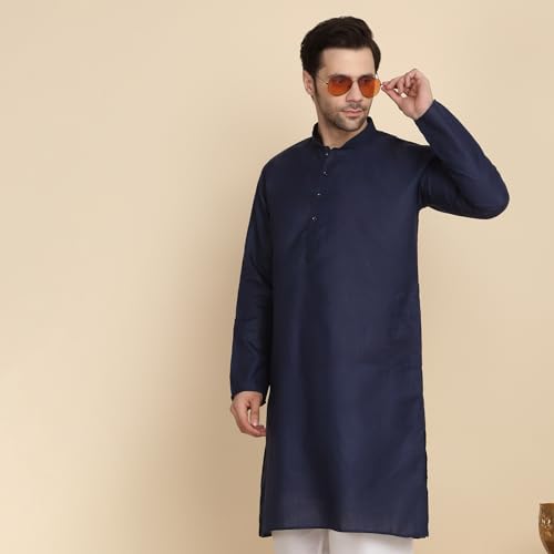 Image of KRAFT INDIA Men's Cotton Solid Kurta With Drawstring Pyjama Set