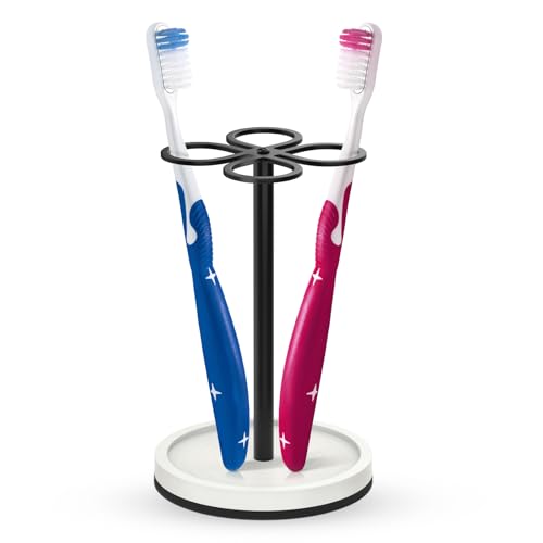 Luxspire Portacepillos de Dientes, Soporte para Cepillos de Dientes con 4 Ranuras, Portacepillos de Dientes de Acero Inoxidable con Base de Tierra de Diatomeas, para Baño, Hogar, Hotel, Negro Mate