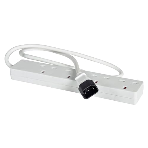 Mercury | 4 Gang Extension Lead UK to IEC C14 | 1m Cable | 240V 10A | Power Strip with 4 UK Plug Sockets | Wall Mountable | Multi Plug for UPS, Server, IT Rack | IEC60320 & RoHS Compliant | White