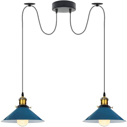LEDSone Lámpara colgante vintage de 2 cabezas de araña, altura ajustable, cono de metal, lámpara de techo industrial retro con soporte E27 (verde) (Latón verde) (Azul, Sin bombilla)