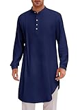 Runcati Mens Kaftan Thobe Cotton Linen Henley Shirt Long Sleeve Robe Casual Muslim Gown Kurta Navy Blue