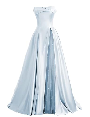 ZSWWYibo Strapless Princess Satin Ball Gown A-line Evening Party Dresses Long Pearl Embellished...