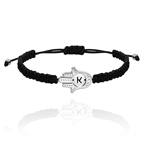 Image of Uloveido Customized A to Z 26 Letters Hand of Fatima Bracelet - Fatima Hamsa Hand Evil Eye Protection Bracelet Lucky Charm Adjustable Braided Black String