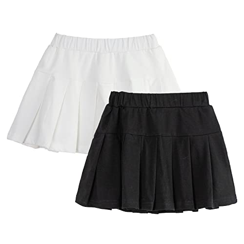 Fille Jupe Plissée Courte Enfant Jupe de Sport avec Shorts,Lot de 2(Noir Blanc,8-9 ans/140) Cover