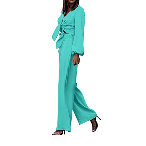 Womens Silk Satin 2 Piece Long Sleeve Top High Waist Wide Leg Pants Casual Set Dresses For Ladies Business Casual Green #TOP14