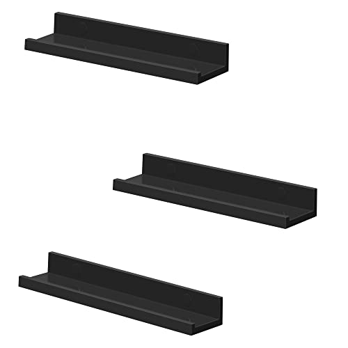 SONGMICS Estantes de Pared, Juego de 3, Estantes Flotantes, Estantes Colgantes, para Marcos de Fotos y Adornos, para Sala de Estar, Oficina en Casa, Baño, Cocina, Negro Brillo LWS038B01