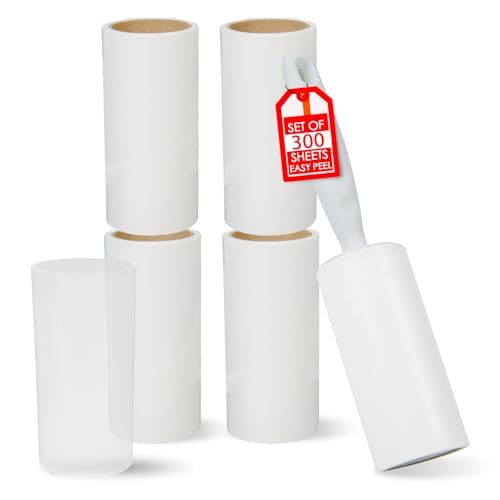 Image of 4X Extra Sticky Lint Roller With Dust Cover, Lint Rollers for Pet Hair, 300 Sheets Mega Value Set, Pet Hair Remover with 1 Upgraded Handle 5 Rollers, Portable Lint Remover for Clothes, Dog & Cat Hair