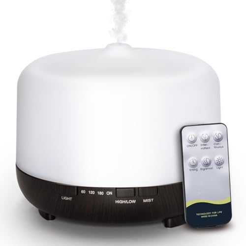 Aroma Diffuser - Ultraschall Aromatherapie Diffusor für Ätherische Öle 500ml mit Fernbedienung 15 Farben Licht 4 Timer Wasserlos Auto-Ausschalten, Luftbefeuchter Schlafzimmer für Zuhause Büro Yoga ﻿
