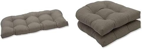 Pillow Perfect 449883 Outdoor/Indoor Monti Chino Tufted Loveseat Cushion, 44" x 19", Taupe + Indoor/Outdoor Monti Chino Wicker Seat Cushions, Set of 2, Multicolor, 19 L x 19 W x