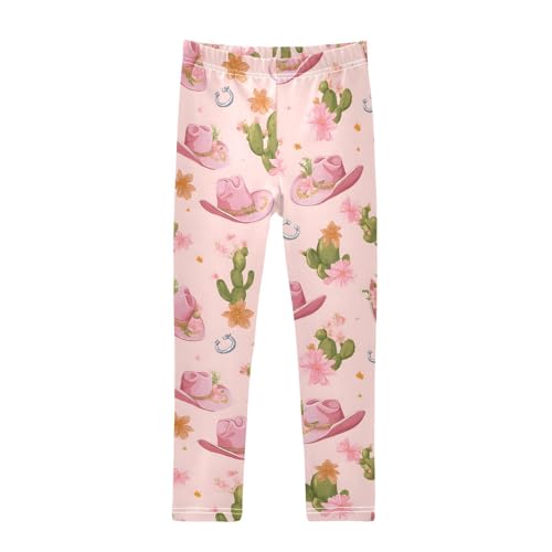 Pink Denim Hat Pattern Girls Leggings Ultra Soft Compression Yoga Gym Pants for Kids 4-10T