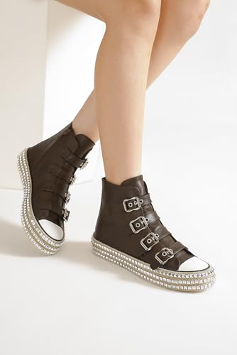 Womens Buckle High-Top Canvas Sneakers Studded Rhinestone Side Shoes Buckle Fashion Shoes Casual Platform Boots4