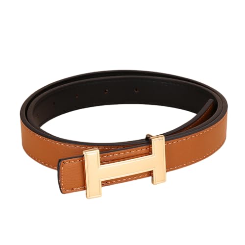 Women's Fashion Belt with Gold Buckle， PU Leather Dress Belt for Jeans & Pants (Brown, 110cm)