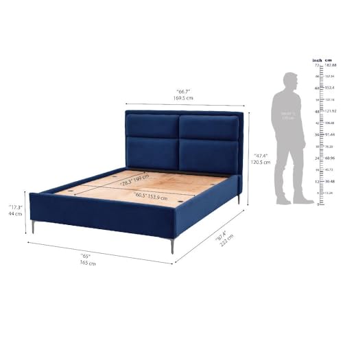 Image of Wakefit Bed | Queen (78 X 60) Solid Wood Bed, Upholstered, Without Storage, 3 Year Warranty - Zewail - Velvet Blue
