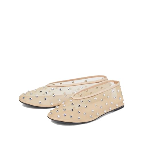 Women's Mesh Ballet Flat Shoes with Glitter Rhinestone Crystal Ballerina Flats Closed Square Toe Comfortable Casual Dress Mary Jane Shoes Ladies