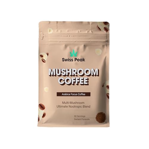 Swiss Peak Mushroom Functional Coffee Blend (60-Servings) with Lion’s Mane, Cordyceps, Shiitake, Maitake, Ashwagandha – Nootropic Coffee for Focus & Energy | Vegan | UK Made | 2-Month Supply
