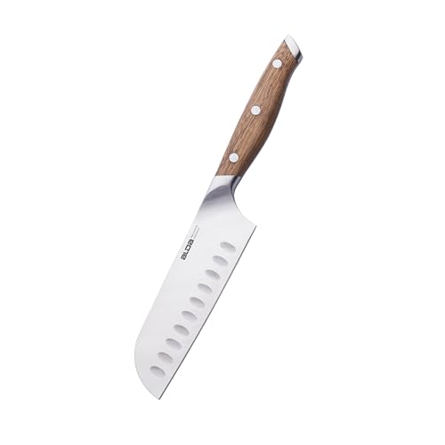 Image of Alda Top Chop Santoku Kitchen Knife 5 Inch - German Stainless-Steel Blade, Granton Edge Grooves, Acacia Wood Handle, Professional Knife for Chopping Cabbage, Carrot, Beetroot & Sweet Potato, 57 HRC