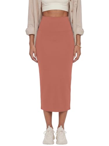Image of Rooscier Women's High Waisted Pencil Midi Skirt | Stretchy Bodycon Knee Length Skirts with Back Slit