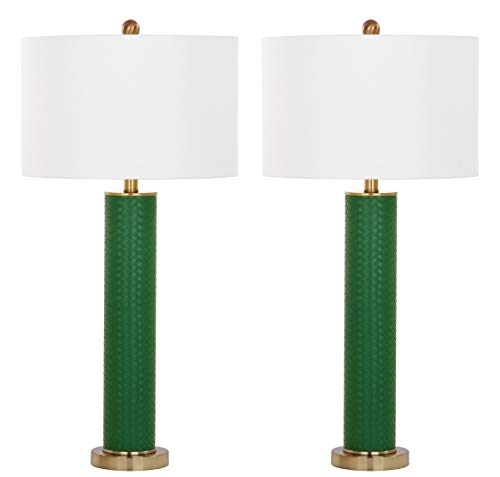 Safavieh Lighting Collection Ollie Modern Contemporary Dark Green Faux Woven Leather 32-Inch Bedroom Living Room Home Office Desk Nightstand Table Lamp Set Of 2 (Led Bulbs Included) #TOP7
