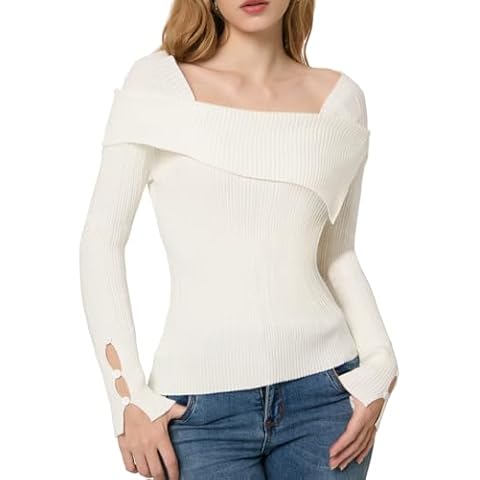 CosySun Women's Long Sleeve Sweater: Off-Shoulder Square Neck Pullover Tops - Trendy Fall Slim Fitted Ribbed Knit Tee Shirts White Cover