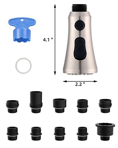 Hibbent Pull Down Kitchen Faucet Head Replacement, 3-Function Kitchen Sink Spray Nozzle With 10 Adapters, Compatible With Moen, American Standard, Delta, Kohler Faucets, Brushed Nickel #TOP4