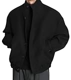 chouyatou Men's Fall Winter Wool Blend Bomber Jacket Stand Collar Button Down Flight Windbreaker Coat (Large,Black)