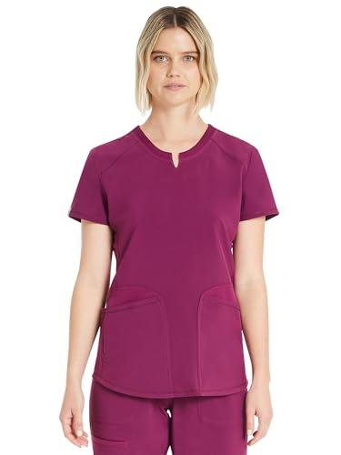 ScrubStar Womens Notch Neck Scrub Top Ultra Soft Stretch Nursing Uniform with 3 Functional Pockets & Moisture Control Fabric, Plus Size, 2XL, Wine