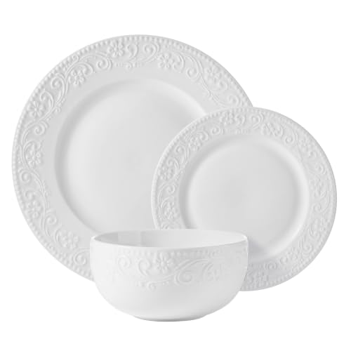 Image of Pfaltzgraff Charm 24 Piece Dinnerware Set, White Porcelain Plates, Bowls