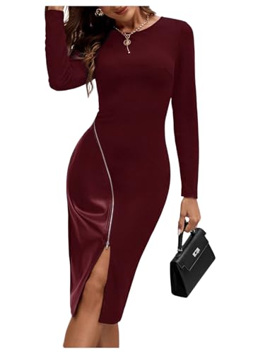 Image of SOLY HUX Women's Patchwork Leather Zipper Dress Crew Neck Long Sleeve Split Hem Elegant Bodycon Dress