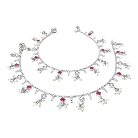 Duel On Jewel Womens Indian Silver Chain Anklet Paayal Set with Small Charm Clusters of White Pearls and Red Stones For Gifts Beach Everyday Wear Cover