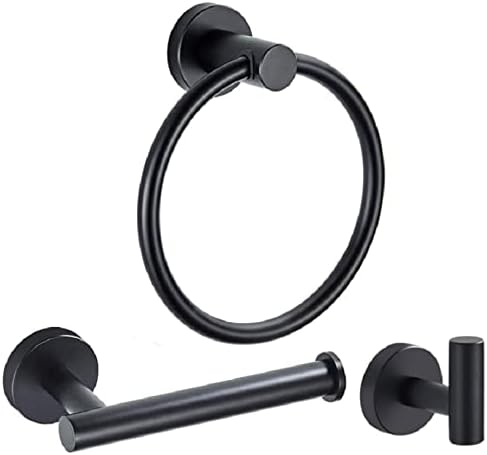 YUET Bathroom Hardware Accessories Set - SUS 304 Stainless Steel Brushed Wall Mounted Rack, Towel Ring Bar + Toilet Paper Roll Holder + Robe Hook, Bath Accessory Hooks (Black)