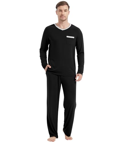 Image of NACHILA Pajamas for Men-Viscose Made from Bamboo, Long Sleeve Pajamas Set Comfy Sleepwear Pants Soft V Neck Pjs with Pockets