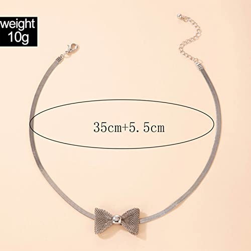 Sttiafay Silver Snake Chain Choker Necklace Hollow Bow Herringbone Necklace Short Clavicle Necklace Punk Choker Collar Jewelry Party Prom Accessories For Women Girls #TOP1